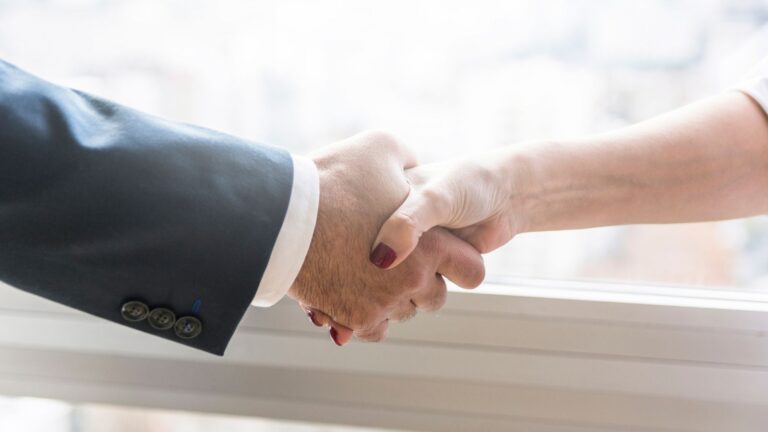 Zwei Hände, die sich vor einem hellen Fenster zu einem Handschlag treffen. Der Fokus liegt auf den Händen, während der Hintergrund unscharf ist.