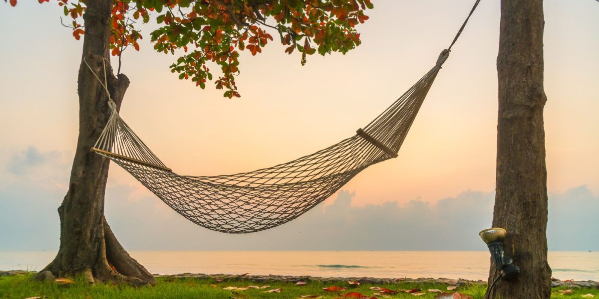 Leere Hängematte zwischen zwei Bäumen am Meer, umgeben von weichem Morgenlicht und herabgefallenen Blättern. Im Hintergrund ruhiger Himmel über der stillen Wasserfläche.